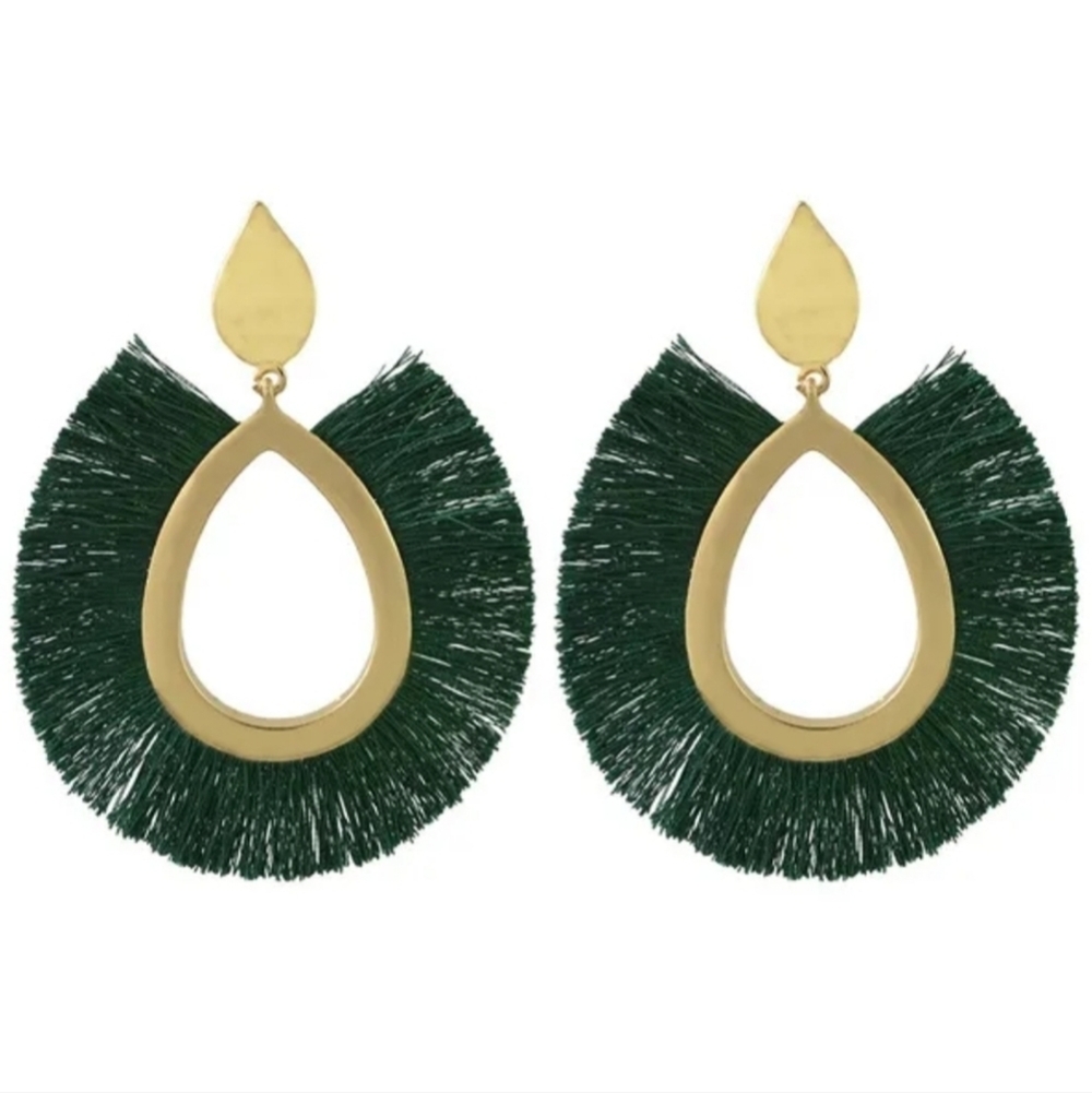 NWT Cha Cha Green Oversized 100% Silk Large Fringe Gold Hoop Boho Earrings
